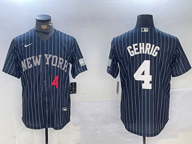Mens New York Yankees #4 Lou Gehrig Navy Pinstripe Fashion Cool Base Jerseys